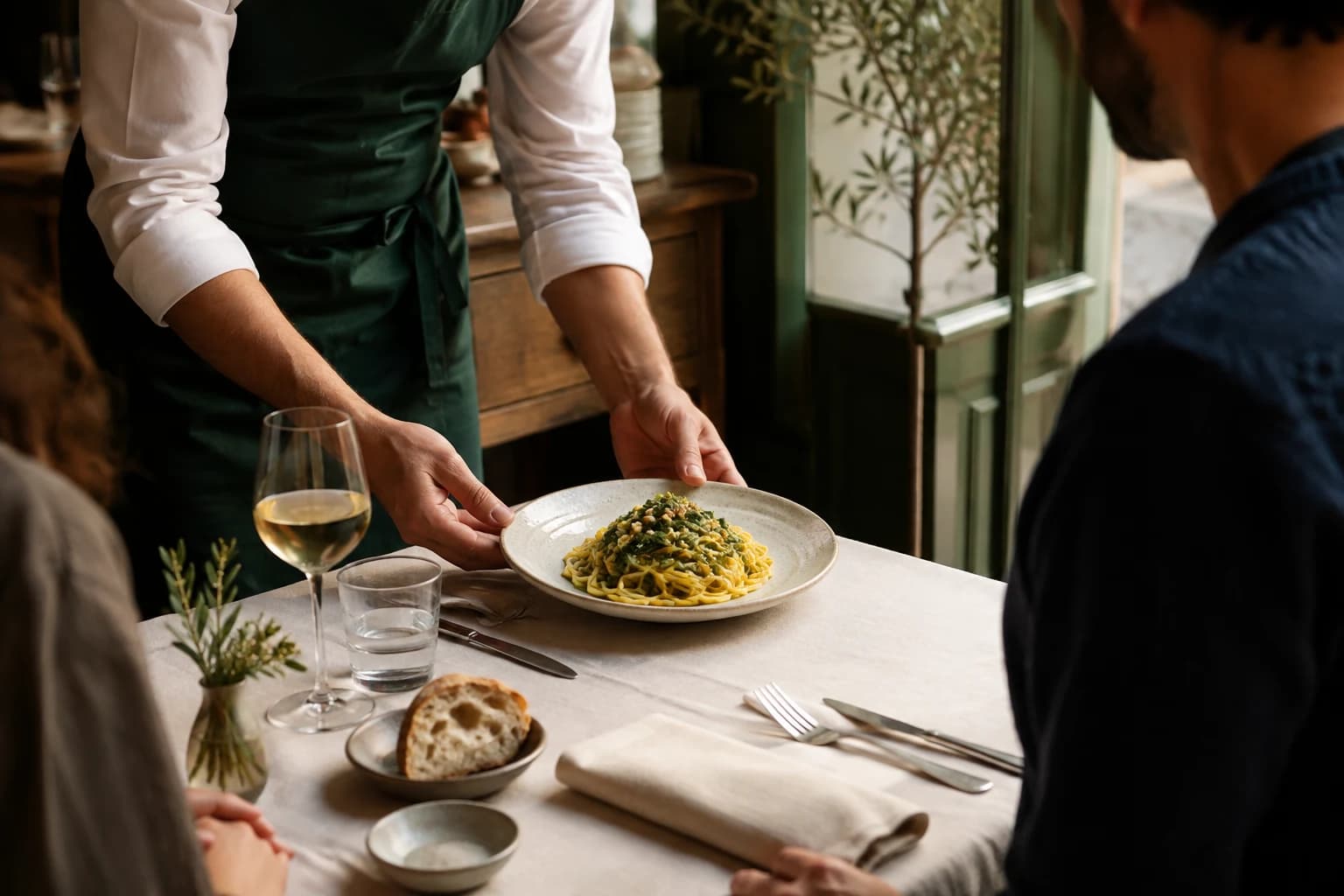 Un cameriere serve un piatto di pasta a due ospiti in un bistrot