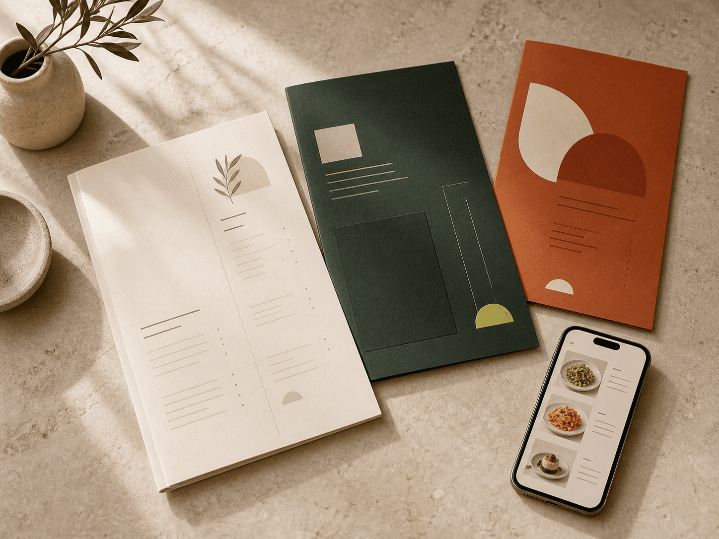Una selezione di menu Hostience con identità editoriali differenti e un menu digitale su smartphone